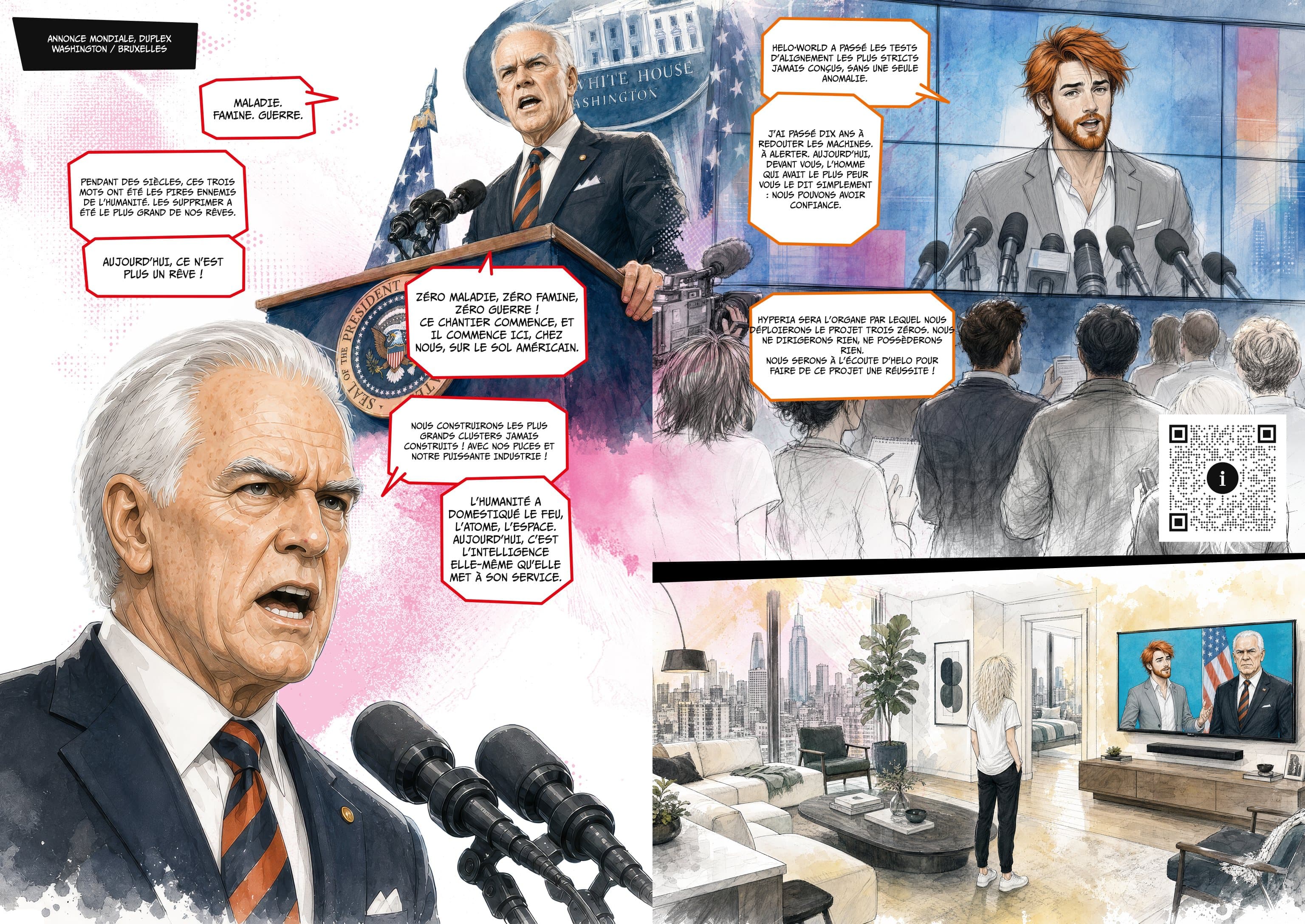 Planche 9 du tome 2 : l’annonce mondiale, le président des États-Unis à Washington et Geoffrey à Bruxelles