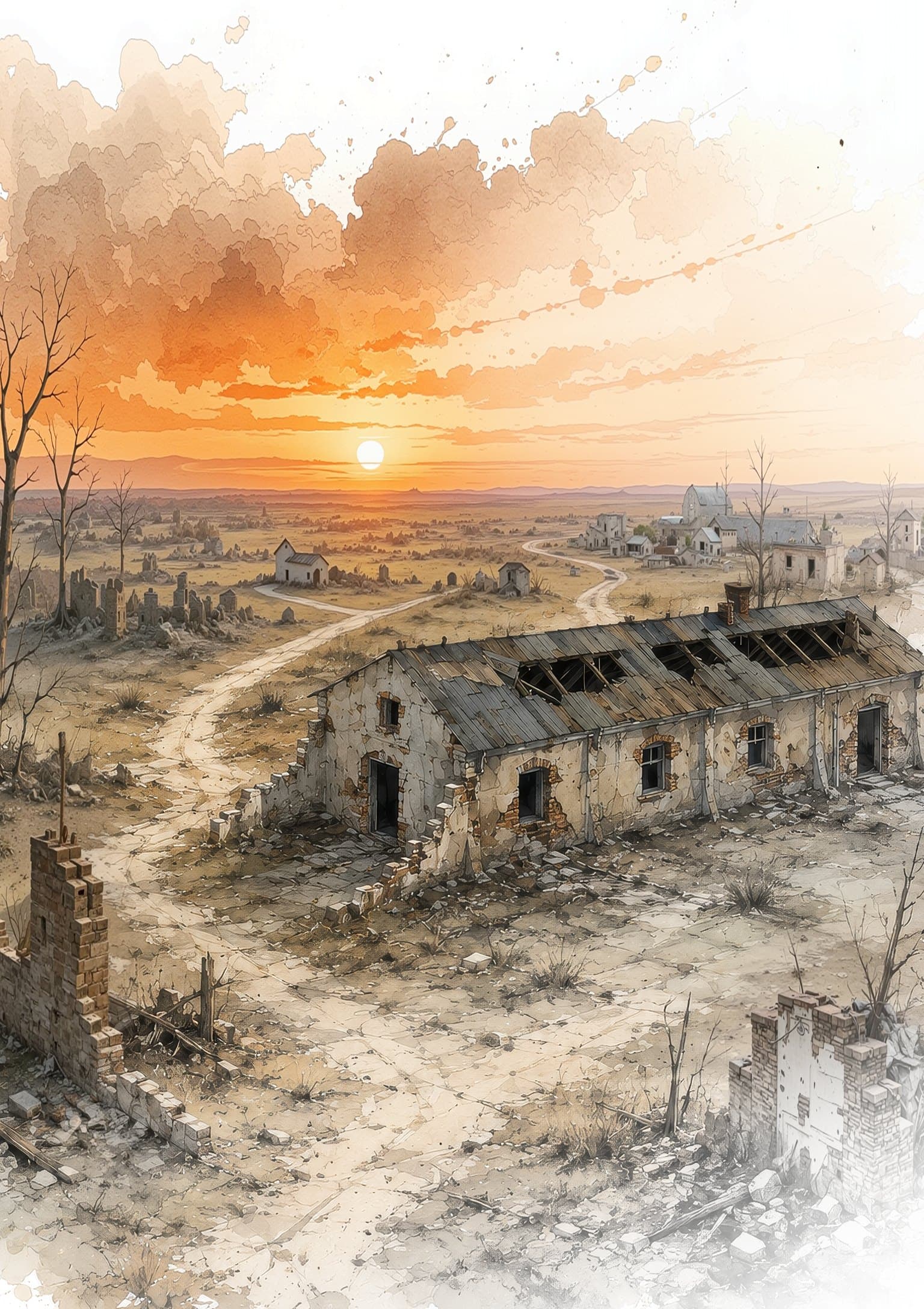 Ukraine, mai 2027 : un village en ruine au soleil couchant
