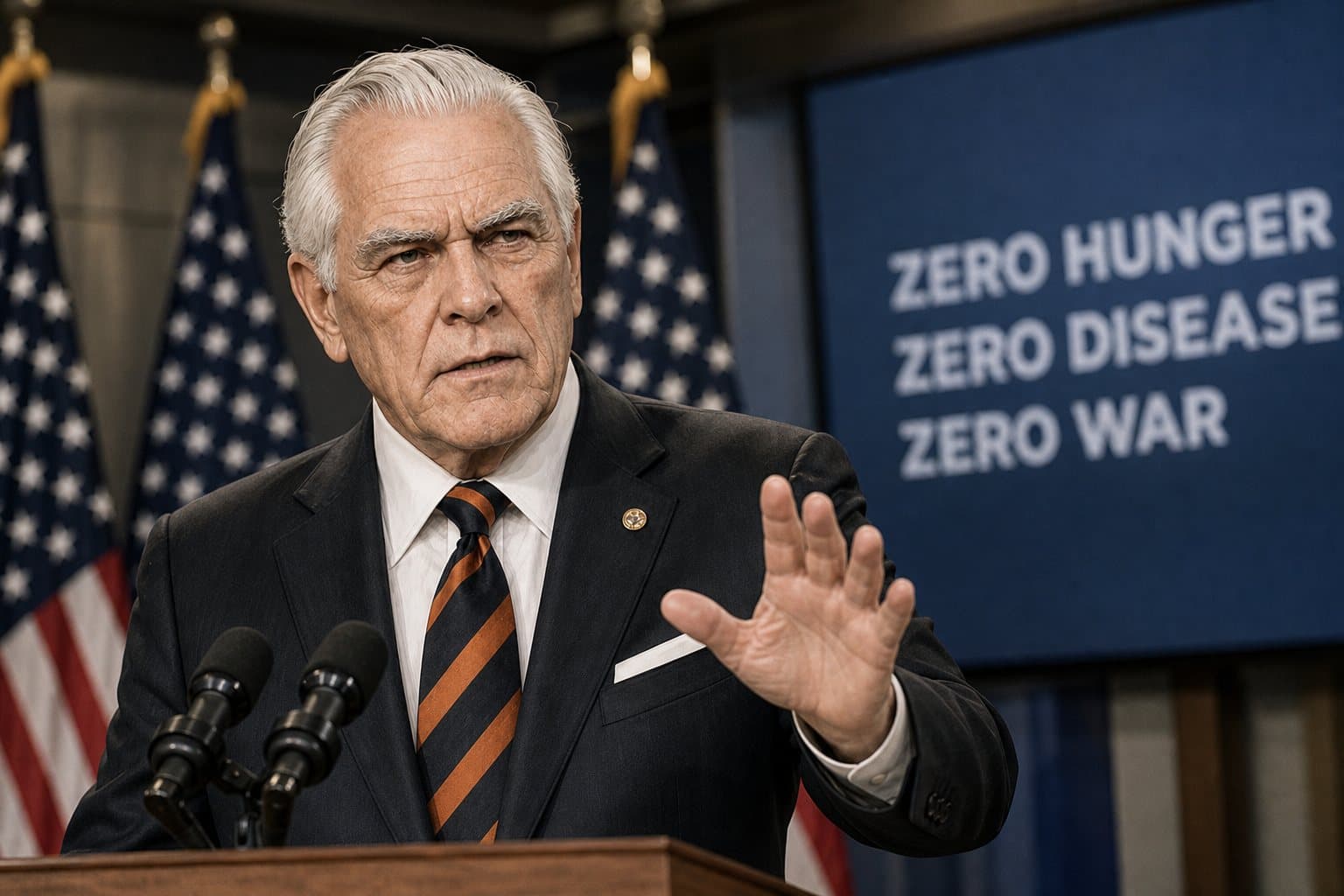 Le président des États-Unis, à son pupitre, annonce la Promesse Trois Zéros devant un écran où s’affichent les trois zéros.