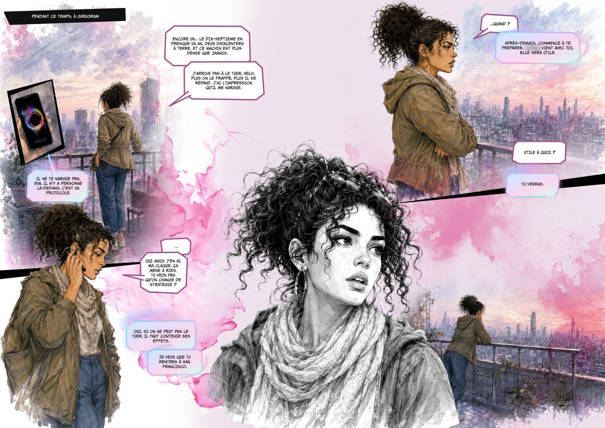 Planche 15 du tome 2 : Eva, sur un toit de Gurugram, parle à HELO