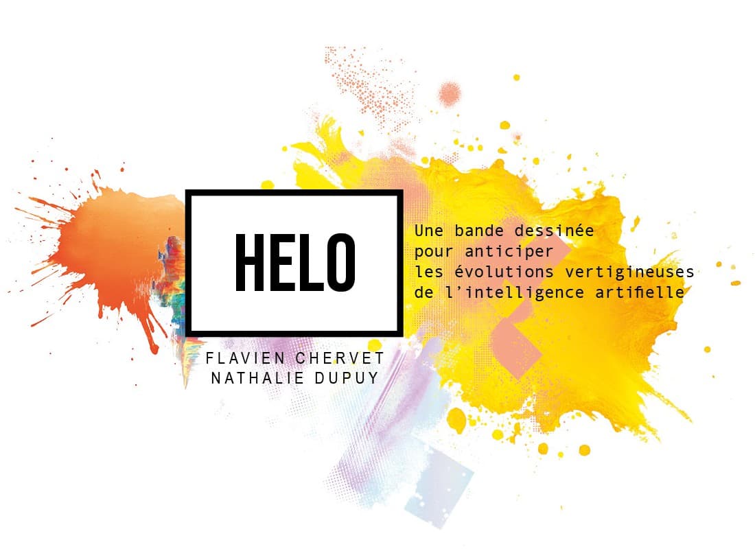 Le logo de HELO sur fond d’éclaboussures de couleur